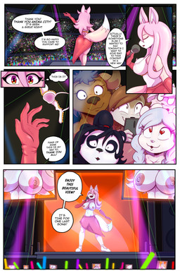 anthro areola big_breasts blush breasts clothed clothing concert eyelashes female flashing fur group hair huge_breasts long_hair male nipples on_stage pink_body pink_fur pink_hair stage text white_body white_fur bigdon1992 martincorps brand_new_animal studio_trigger nazuna_hiwatashi canid canine fox lagomorph leporid mammal rabbit absurd_res comic digital_media_(artwork) english_text hi_res