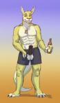 abs alcohol anthro balls beer beverage claws clothing dog_tags erection eyebrows food fur genitals humanoid_genitalia humanoid_penis male pecs penis penis_poking_out penis_through_fly solo standing tail teeth meesh solaxe_(artist) solaxe kangaroo macropod mammal marsupial 2015 digital_media_(artwork)