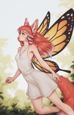 5_fingers breasts clothed clothed_female clothed_humanoid clothing dress female female_humanoid fingers flying freckled_arms freckled_chest freckled_face freckled_shoulders freckles hair inner_ear_fluff navel outside red_hair red_tail solo tail tuft wings personalami arthropod butterfly canid canine fairy fox humanoid insect lepidopteran mammal 2025 digital_drawing_(artwork) digital_media_(artwork) hi_res