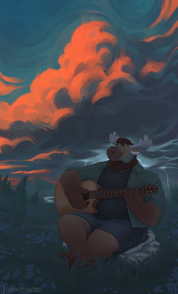 acoustic_guitar anthro bottomwear clothing guitar male musical_instrument nature nature_background outside overweight overweight_male plucked_string_instrument shirt shorts sitting solo string_instrument tight_bottomwear tight_clothing tight_shorts topwear unbuttoned_shirt ghostyarting nickdales_(character) deer mammal moose new_world_deer absurd_res hi_res