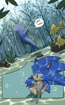 air_bubble alternate_form alternate_species anthro belly black_nose blue_body blue_fur blue_quills bodily_fluids bubble closed_smile comforting countershade_face countershading crying duo eyes_closed fin fish_tail fur gills green_eyes green_tail holding_baby iris kelp legless looking_at_another male mermaid_tail mermaidification mouth_closed neonate nonsexualized_young pupils quills_(anatomy) rock sea seaweed smile snout speech_bubble split_form swimming tail tail_fin tan_arms tan_belly tan_hands tan_inner_ear tan_mouth tears underwater water young arantarisu_yamu sega sonic_the_hedgehog_(series) fan_character sonic_the_hedgehog aquatic eulipotyphlan fish hedgehog mammal merfolk 2026 5:8 comic hi_res father_(lore) father_and_child_(lore) parent_(lore) parent_and_child_(lore) son_(lore)