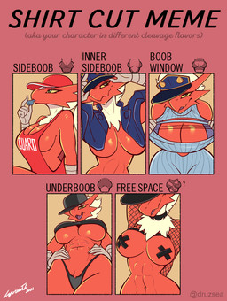 abs anthro barbell_piercing big_breasts breasts cleavage cleavage_cutout clothed clothing crotch_tuft cutout female hand_on_hip hat headgear headwear inner_boob looking_at_viewer muscular muscular_anthro muscular_female navel navel_piercing nipple_tape pasties piercing red_body scuted_arms scutes side_boob solo tape text thong tuft under_boob underwear whistle_(object) whistle_in_mouth lyorenth-the-dragon nintendo pokemon shirt_cut_meme hanako_(lyorenth-the-dragon) blaziken generation_3_pokemon pokemon_(species) absurd_res english_text hi_res meme