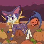 ambiguous_gender blue_body blue_fur candy_bucket clothed clothed_feral clothing feral food fruit fur holidays leg_markings markings outside pink_nose plant pumpkin purple_eyes socks_(marking) solo trick-or-treating fuf halloween nintendo pokemon generation_5_pokemon pokemon_(species) purrloin 2025 hi_res