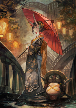 anthro asian_clothing black_hair bridge brown_body brown_fur clothing detailed_background duo east_asian_clothing female fur hair horn lamp male melee_weapon navel outside overweight overweight_male plant raining size_difference smile standing sword tree umbrella weapon lalalalack canid canine demon demon_humanoid humanoid mammal raccoon_dog tanuki 2015 hi_res