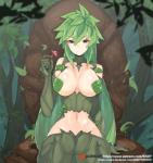 blue_eyes breasts female fungus green_hair hair holding_object leaf leaf_hair long_hair looking_at_viewer midriff monster_girl_(genre) mushroom navel not_furry patreon_logo plant plant_hair pseudo_clothing pseudo_hair sitting smile solo text kndy monster_musume patreon kii_(monster_musume) dryad elemental_creature elemental_humanoid flora_fauna humanoid plant_humanoid green_theme hi_res url