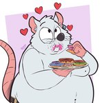 anthro belly buckteeth cheek_bulge clothed clothing dessert doughnut ear_piercing ear_tag eating food fur grey_body grey_fur heart_symbol hearts_around_head holding_doughnut holding_food holding_object holding_plate male moobs navel nipples obese obese_anthro obese_male overweight overweight_anthro overweight_male pastry piercing solo teeth text topless bimbeaver27 mammal murid murine rat rodent 2023 artist_name dated hi_res