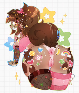 accessory alternative_fashion anthro anus_focus bottomwear butt clothing decora_(fashion) fashion female genitals j-fashion legwear liquids shorts solo sticker stockings vulva canid canine canis domestic_dog mammal absurd_res hi_res