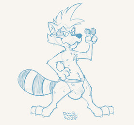 clothed clothing gesture hand_gesture hand_on_hip jockstrap jockstrap_only looking_at_viewer male solo toony topless underwear underwear_only v_sign doodledoggy guardians_of_the_galaxy marvel marvel_rivals rocket_raccoon mammal procyonid raccoon hi_res sketch