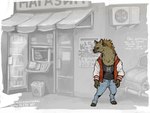 4_toes anthro barefoot bottomwear clothed clothing denim denim_bottomwear denim_clothing digitigrade feet female greyscale_background jacket jeans pants red_eyes solo standing text toes topwear alekksandar conditional_dnp zastava_750 zastava_automobili marrow_(alekksandar) hyena mammal spotted_hyena 2024 4:3 digital_media_(artwork) english_text hi_res