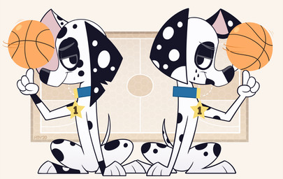 ball basketball_(ball) black_body black_fur black_nose black_spots blue_collar collar duo facial_markings feral fur head_markings leg_markings male markings notched_ear patch_(marking) pink_inner_ear socks_(marking) spots star_symbol tear_(marking) toony white_body white_fur white_spots higglytownhero 101_dalmatian_street 101_dalmatians disney darron_(candylioncross) ditto_(candylioncross) canid canine canis dalmatian domestic_dog mammal sibling_(lore) twins_(lore)