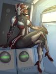 black_body black_skin breasts clothing female footwear high_heels machine not_furry shoes sitting solo askmakari digital_extremes tencent warframe khora_(warframe) alien humanoid robot robot_humanoid tenno absurd_res hi_res