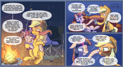 blue_border blush blush_lines border campfire cartoon_freckles dialogue drunk duo eyelashes female feral freckled_face freckles horn long_eyelashes sky star starry_sky substance_intoxication tail text wings pixelpub friendship_is_magic hasbro my_little_pony mythology applejack_(mlp) twilight_sparkle_(mlp) earth_pony equid equine horse mammal mythological_creature mythological_equine pony winged_unicorn comic english_text hi_res