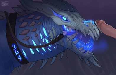 bioluminescence bioluminescent_eyes bioluminescent_mouth bioluminescent_throat bioluminescent_tongue bit_gag blue_body blue_eyes blue_tongue bodily_fluids breath bridle collar cum cum_in_mouth cum_inside cum_on_face cum_on_tongue dark duo feral gag genital_fluids genitals glowing glowing_eyes halter harness harness_bit_gag harness_gag horn humanoid_genitalia humanoid_penis licking licking_cum licking_lips male mount/rider_relations penis self_lick spikes spikes_(anatomy) text tongue tongue_out torn_skin qwertydragon blizzard_entertainment mythology warcraft dragon human mammal mythological_creature mythological_scalie proto-drake scalie 2024 artist_name colored dated digital_drawing_(artwork) digital_media_(artwork) hi_res shaded signature watermark