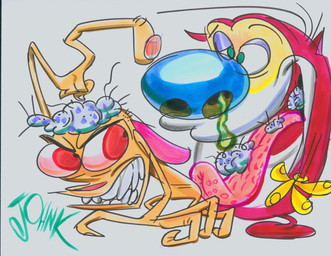 4_fingers angry anthro big_nose blue_nose bodily_fluids clothing dirty duo featureless_feet feet fingernails fingers gloves gloves_only green_eyes hair handwear handwear_only humanoid_hands male mostly_nude nails nude open_mouth pink_tongue red_body red_eyes silly_face snot standing tan_body teeth text tongue tongue_out toony yellow_clothing yellow_gloves yellow_handwear john_k nickelodeon ren_and_stimpy ren_höek stimpy_j._cat canid canine canis chihuahua domestic_cat domestic_dog felid feline felis mammal toy_dog 2013 artist_name hi_res traditional_media_(artwork)