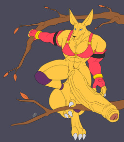 3_toes 5_fingers abs anthro armwear balls big_balls big_feet big_penis blue_eyes bra claws climbing clothed clothing elbow_gloves feet femboy fingers foreskin fur genitals glans gloves handwear huge_balls huge_penis hyper hyper_balls hyper_genitalia hyper_penis knee_pads leaf long_ears looking_at_viewer male muscular muscular_male navel pantsless pecs penis pink_bra pink_clothing pink_gloves pink_handwear pink_underwear plant pointy_ears smile snout solo toes tree underwear vein veiny_penis yellow_body yellow_fur rxq third-party_edit bloody_roar konami hans_taubemann canid canine fox mammal 2023 absurd_res hi_res