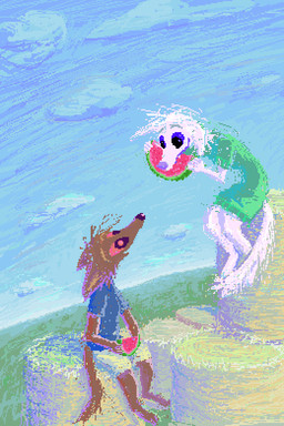 anthro blue_clothing blue_shirt blue_sky blue_t-shirt blue_topwear brown_body brown_fur clothing cloud day detailed_background dress duo eating female food fruit fur green_clothing green_dress holding_food holding_fruit holding_melon holding_object holding_watermelon male melon plant shirt sitting sky t-shirt topwear watermelon demensa canid canine canis domestic_dog mammal 2019 2:3 digital_media_(artwork) pixel_(artwork)