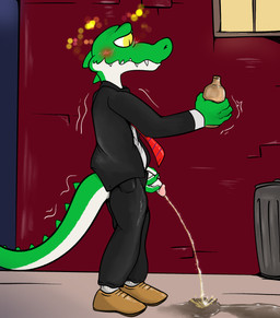 4_fingers alley anthro bodily_fluids bottle business_suit clothing container drunk fingers formal_clothing formal_wear genital_fluids genitals green_body hand_on_penis holding_object humanoid_genitalia humanoid_penis male multicolored_body outside peeing penis shaking solo substance_intoxication suit trash_can two_tone_body urine urine_stream watersports white_body yellow_eyes illegaleel cregon alligator alligatorid crocodile crocodilian reptile scalie absurd_res hi_res