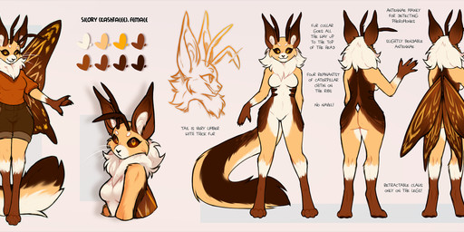 4_toes 5_fingers antennae_(anatomy) anthro big_ears big_tail cheek_tuft claws clothed clothing dark_sclera exoskeleton facial_tuft feet female fingers fluffy fluffy_tail front_view insect_wings long_tongue neck_tuft retractable_claws simple_background smile tail text toes tongue tuft whiskers wings lonerdemiurge silory english_description english_text hi_res model_sheet