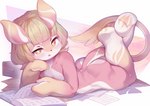 anthro blonde_hair blush book butt featureless_feet feet female hair loli looking_at_viewer lying mitten_hands multicolored_body nude on_front open_mouth open_smile pink_body side_view smile smiling_at_viewer solo white_body yellow_body yellow_eyes young young_anthro young_female inner_key genshin_impact mihoyo elphane_(genshin_impact) melusine_(genshin_impact) 2023 absurd_res full-length_portrait hi_res portrait