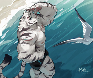 abs anthro biceps blue_eyes bottomwear clothing fur fur_markings hair male markings muscular muscular_male nipples pecs pose scar sea shorts smile solo standing water white_body white_fur roosterbliss felid mammal pantherine tiger hi_res pinup