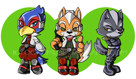 anthro beak blue_body blue_eyes blue_feathers boots brown_eyes chibi clothing facial_tuft feathers fingers footwear fur gesture green_eyes group gun half-closed_eyes hand_gesture jacket male narrowed_eyes orange_body orange_fur ranged_weapon red_body red_feathers semi-anthro shoes smile thumbs_up topwear tuft weapon white_body white_fur icyookami nintendo star_fox falco_lombardi fox_mccloud wolf_o'donnell avian bird canid canine canis fox mammal wolf 2008 hi_res