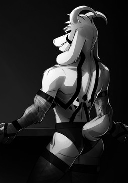 anthro armwear black_eyes clothing fishnet_armwear fishnet_clothing fishnet_legwear grin horn legwear looking_back male markings muscular muscular_male rear_view smile solo standing underwear white_body conditional_dnp shido-tara undertale undertale_(series) asriel_dreemurr asriel_dreemurr_(god_form) hi_res monochrome