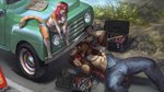 anthro body_hair chest_hair clothing dirty dirty_clothing duo facial_hair female horn male male/female muscular muscular_anthro muscular_male mustache overalls_only toolbox tools truck vehicle levelviolet diffuse_moose deer mammal moose new_world_deer 2023 hi_res