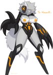 anthro big_breasts big_fangs big_hands breasts clothing cybernetics exposed_breasts fangs female fluffy fluffy_tail fur grey_body grey_fur hair ineffective_clothing inverted_nipples kemono long_hair machine mask nipples nude orange_nipples solo tail teeth white_body white_fur yamame513 amaverse domi-0 cyborg domino_sisters robot absurd_res hi_res