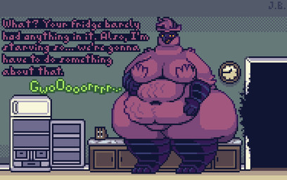 anthro appliance beak belly belly_overhang belly_rolls big_belly big_breasts big_navel bottom_heavy breasts broken_door butt butt_from_the_front clock countertop deep_navel dialogue door feathers female fridge fupa hair hand_on_belly hand_on_own_belly huge_hips huge_thighs hungry imminent_vore inside kitchen kitchen_appliance looking_at_viewer narrowed_eyes naturally_censored navel neck_rolls nude obese obese_anthro obese_female onomatopoeia open_beak open_fridge open_mouth overweight overweight_anthro overweight_female red_body red_feathers red_hair rumbling_stomach solo sound_effects standing talking_to_viewer text thick_thighs threatening_vore wall_clock wide_hips jellybru barb'dat_(jellybru) alien avian bird 2024 digital_media_(artwork) pixel_(artwork) signature