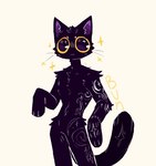 anthro arm_tattoo big_eyes black_body black_eyes black_fur blush blush_lines body_tattoo fur male nude_anthro nude_male slim_anthro slim_male solo tattoo yellow_sclera bunonthemoon domestic_cat felid feline felis mammal 2023