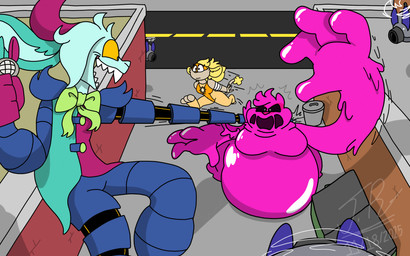 accessory alley anthro belly big_belly bow_accessory bow_ribbon breasts city clothed clothing dumpster electronics eyelashes feet female fight fingers fur group hair holding_object long_arms machine male mask mechanical_arm microphone moobs nude open_mouth outside overweight overweight_anthro overweight_male pink_body running sharp_teeth size_difference slime smile superhero tail teeth toes trio jayme_universe chase_(ck-19) glowgal_(jayme_universe) springy_bunny felid goo_creature lagomorph leporid lion mammal pantherine rabbit digital_media_(artwork) hi_res