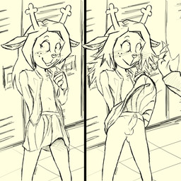 anthro assisted_exposure balls blush blushing_profusely bottomwear cartoon_freckles chest_tuft clothed clothing crossgender duo embarrassed embarrassed_horny erection erection_under_skirt eyelashes forced forced_exposure foreskin freckled_face freckles ftg_crossgender fti_crossgender genitals gynomorph hallway heart_symbol intersex long_eyelashes motion_lines no_bra no_underwear penis public school skirt tuft v.geneva deltarune undertale_(series) noelle_holiday susie_(deltarune) deer mammal new_world_deer reindeer 1:1 hi_res monochrome