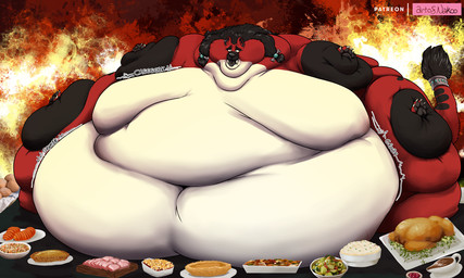 anthro fangs fire food hell holidays morbidly_obese obese overweight sabertooth_(anatomy) solo teeth conditional_dnp nakoo thanksgiving domestic_cat felid feline felis mammal prehistoric_species saber-toothed_tiger 2018 5:3