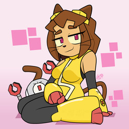 anthro armor boosters breasts clothing duo eyewear female gauntlets gloves goggles handwear machine medium_breasts protesting sitting smile smirk wide_hips dm29 gameoverse glitch_productions kaboodle_(gameoverse) kit_bodega felid feline mammal robot 1:1