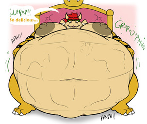 abdominal_bulge anthro belly big_belly burping chair furniture hair horn huge_belly male male_pred moobs multiple_prey nipples red_hair rumbling_stomach same_size_vore sitting throne vore kyrto mario_bros nintendo bowser koopa reptile scalie turtle