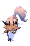 ambiguous_gender blue_eyes brown_body brown_fur claws feral fur looking_at_viewer simple_background solo spikes spikes_(anatomy) tail likey nintendo pokemon canid canine generation_7_pokemon lycanroc mammal midday_lycanroc pokemon_(species) 2021 hi_res signature