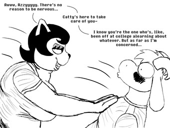 anthro blush breasts dialogue duo female grin imminent_sex male male/female mischievous_smile sharp_teeth shoving smile teeth text komododad deltarune undertale undertale_(series) asriel_dreemurr catty_cattenheimer boss_monster_(undertale) bovid caprine domestic_cat felid feline felis goat mammal 2026 4:3 black_and_white comic digital_media_(artwork) english_text hi_res monochrome