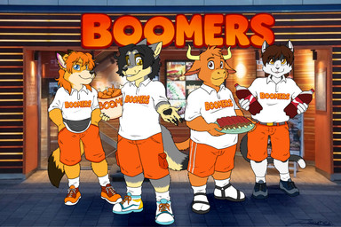 anthro boomers chicken_meat clothing food footwear fried_chicken group hair horn humor long_hair male meat parody ribs sandals shirt shoes sneakers t-shirt tail topwear white_clothing white_shirt white_t-shirt white_topwear zooshi coca-cola hooters bermuda zooshi_(character) bovid bovine canid canine canis cattle domestic_cat felid feline felis fox mammal true_fox wolf 2026 absurd_res hi_res