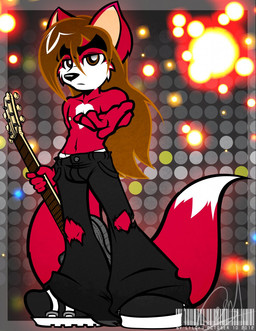 anthro black_nose brown_eyes brown_hair clothed clothing dipstick_tail electric_guitar guitar hair long_hair male markings musical_instrument plucked_string_instrument solo string_instrument tail tail_markings topless lilchu canid canine fox mammal 2012 hi_res