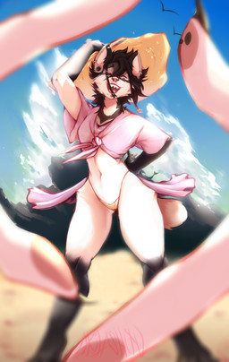 anthro beach black_hair blush bottomwear boulder breasts cape clothing dress duo ear_piercing female front_view fur gauged_ear hair hand_behind_head hat headgear headwear heterochromia language looking_at_viewer pants photo piercing rock solo swimwear underwear water wave white_body white_fur akilashiru spuydjeks_(character) canid canine canis domestic_dog mammal absurd_res hi_res