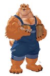 anthro bag barefoot biceps blue_clothing blue_eyes body_hair burger chest_hair chest_tuft claws clothing countershading deltoids denim denim_clothing eating eyebrows fast_food feet finger_claws food fur male muscular muscular_anthro muscular_arms muscular_male neck_tuft orange_body orange_fur overalls overalls_only simple_background solo thick_eyebrows toe_claws triceps tuft white_background takemoto_arashi kumamoto_(character) bear mammal ursine 2022 absurd_res hi_res signature