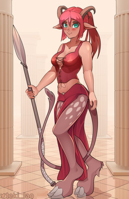 anthro biped blush breasts cleavage clothed clothing column female green_eyes hair holding_melee_weapon holding_object holding_polearm holding_spear holding_weapon horn humanoid_pointy_ears inside looking_at_viewer melee_weapon pointy_ears polearm red_clothing red_hair solo spear standing weapon tekilao satyr absurd_res digital_media_(artwork) hi_res shaded