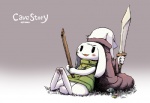 4_fingers anthro blush duo fingers fungus fur holding_melee_weapon holding_object holding_stick holding_sword holding_weapon long_ears male melee_weapon mushroom open_mouth pawpads paws simple_background sitting stick sword text weapon white_background white_body white_fur sho_shibamoto cave_story king_(cave_story) toroko lagomorph mammal mimiga 2012 english_text