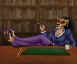 anthro anthrofied business clothed clothing desk ear_piercing ear_ring feet female furniture legwear office pawpads paws piercing ring_piercing stockings suit table rahir disney the_lion_king zira_(the_lion_king) felid lion mammal pantherine 6:5 digital_media_(artwork) hi_res