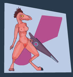 3_fingers 3_toes anthro beam_rifle breasts claws digitigrade energy_weapon feet female fingers genitals holding_object holding_ranged_weapon holding_weapon nipples non-mammal_breasts non-mammal_nipples nude pupils ranged_weapon slit_pupils solo standing tan_body toe_claws toes vulva weapon yellow_eyes umbralxquizo halo_(series) microsoft xbox_game_studios alien kig-yar ruuhtian scalie colored