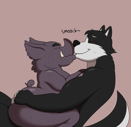 anthro big_butt black_body black_ears black_fur black_hair black_nose black_tail bodily_fluids butt butt_grab duo eye_scar eyes_closed facial_scar fur grey_body grey_ears grey_nose grey_tail hair hand_on_butt hand_on_chest huge_butt huge_thighs hyper hyper_butt hyper_thighs kissing male male/male multicolored_body multicolored_fur on_lap scar sharp_teeth side_view sitting sitting_on_lap smile sweat tail teeth thick_thighs tusks two_tone_body two_tone_fur two_tone_tail white_body white_fur white_tail colossalstars canid canine canis domestic_dog domestic_pig mammal suid suine sus_(pig) 2025 absurd_res digital_media_(artwork) hi_res