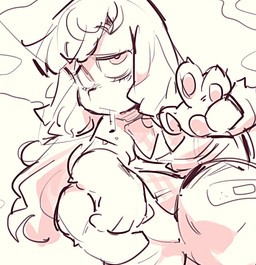 anthro arm_on_knee bandage_on_knee bottomwear bow_ribbon cigarette clothing eyelashes female gesture hand_gesture kneeling skirt smoking smoking_cigarette solo v_sign sanjiro canid canine mammal sketch