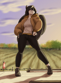anthro black_body black_fur black_hair brown_clothing brown_jacket brown_topwear clothing cloud cloudy_sky confident curled_tail eyebrow_through_hair eyebrows female field_background footwear fur hair hand_on_hip hands_on_hips jacket looking_at_viewer looking_down looking_down_at_viewer multicolored_body multicolored_fur purple_eyes shirt shoes skunk_tail sky smile smiling_at_viewer smirk smirking_at_viewer smug smug_grin solo standing tail topwear translucent translucent_hair white_body white_clothing white_fur white_shirt white_topwear toughset cikyla mammal mephitid skunk 2014 hi_res