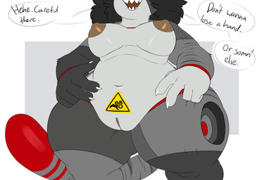 anthro black_hair breasts dialogue female genitals hair machine navel nipples open_mouth shortstack simple_background slightly_chubby smile solo tail text thick_thighs vulva warning_sign wide_hips robertge jason_markova domestic_cat felid feline felis mammal robot 2025 digital_media_(artwork) english_text