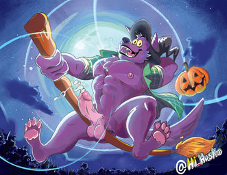 abs anthro balls big_balls big_muscles big_penis bodily_fluids bottomless bottomless_anthro bottomless_male broom cleaning_tool clothed clothing dripping fangs flannel_shirt flying food forest fruit fullmoon fur genital_fluids genitals green_clothing green_shirt green_topwear hat headgear headwear holidays humanoid_genitalia humanoid_penis jack-o'-lantern leaking_precum male mature_anthro mature_male moon muscular muscular_anthro muscular_male night nipples open_mouth outside pawpads pecs penis pink_nipples pink_pawpads plant precum precum_drip pumpkin purple_body purple_fur shirt smile smiling_at_viewer solo teeth topwear tree vein veiny_penis witch_hat yellow_eyes hi_husko cartoon_network halloween mythology ok_k.o.!_let's_be_heroes bernard_(ok_k.o.!_lbh) canid canine mammal mythological_canine mythological_creature werecanid werecanine werecreature werewolf hi_res